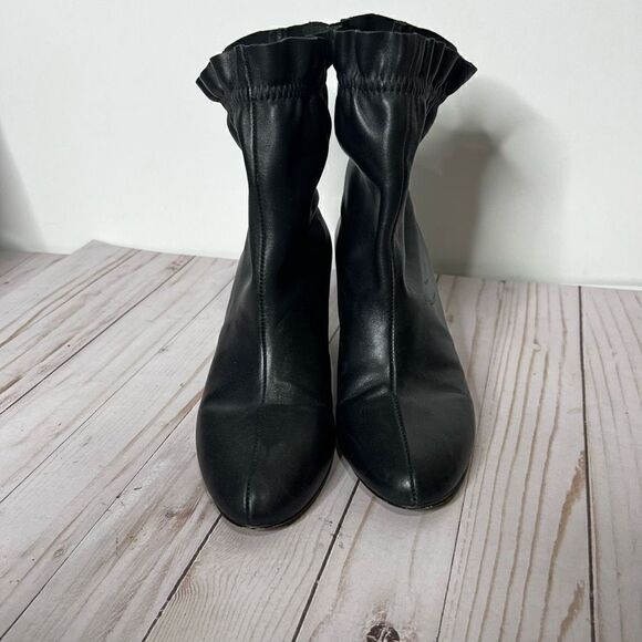 Nanette Lepore Black Leather Ankle Boots Round Block Heel Ruffle Top - Picture 2 of 8